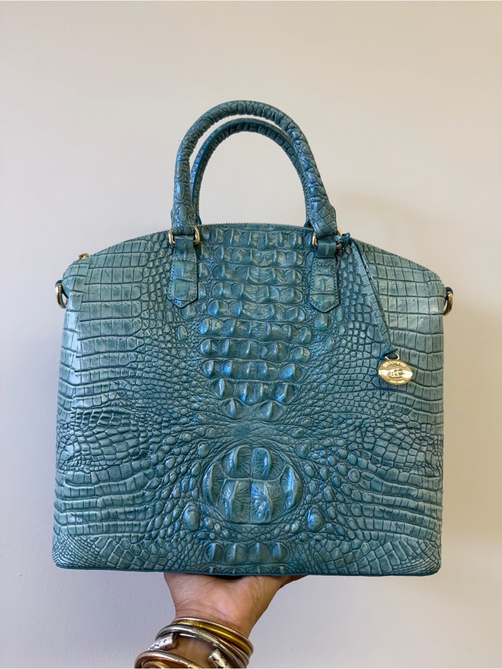 Brahmin Duxbury Dome Astral Pearlized Aqua Blue Leather Satchel Bag Unworn N